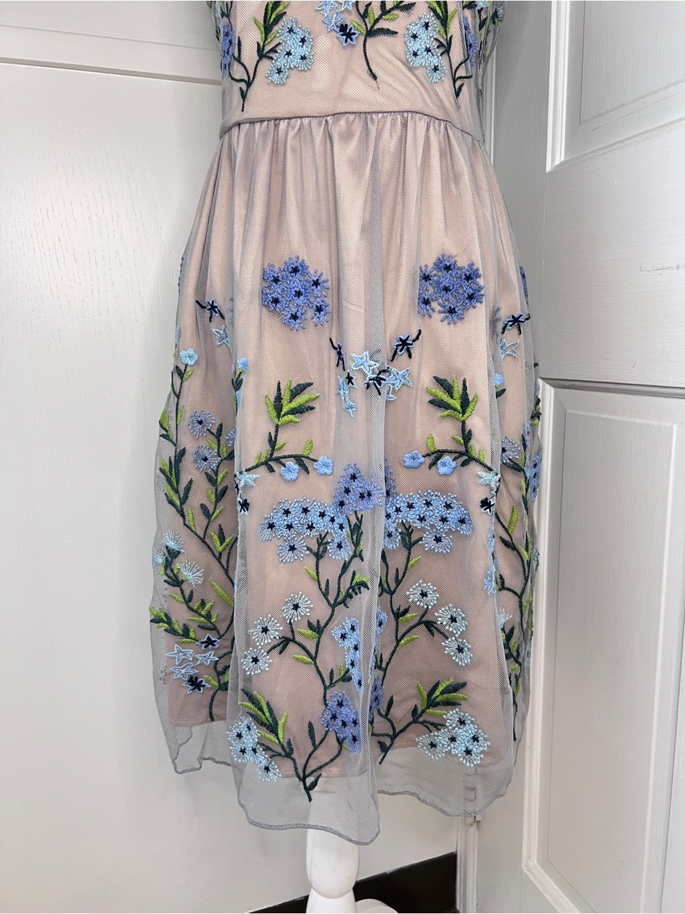 Sundance Forget Me Not Floral Embroidered Tulle Fit & Flare Dress in Blue Nude - Picture 4 of 11